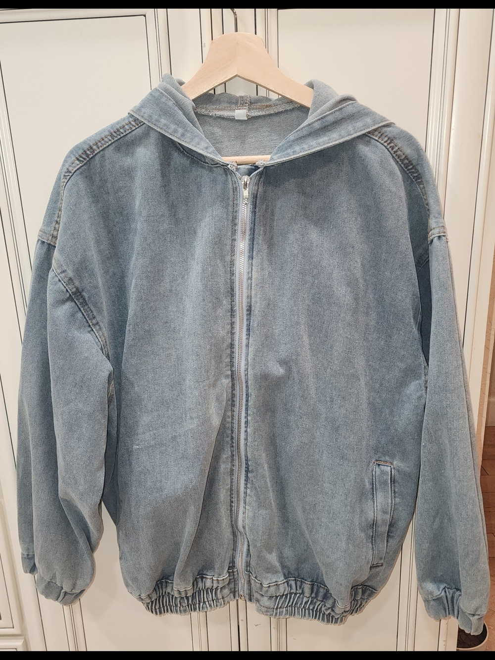 Light Wash Denim Zip Hoodie Jacket - Light Blue